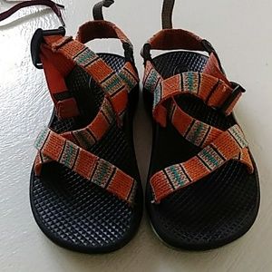 Chacos size 13 orange black white and turquoise